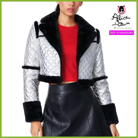 Alice + Olivia Luisana Vegan Leather Quilted Metallic Fur Combo Jacket Coat - Picture 7 of 17